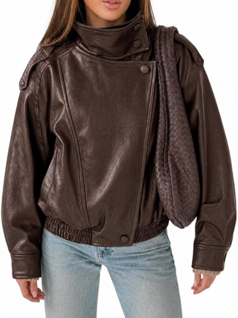 Oversized Faux Leather Biker Jacket for Women | Zip Up Moto Coat, Stylish